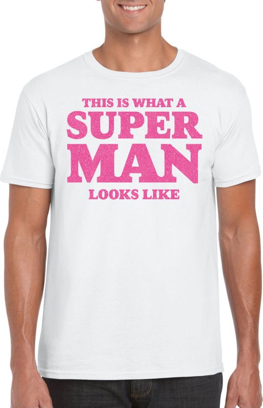 Verkleed T-shirt voor heren - super man - wit - glitter roze - carnaval/themafeest - Vaderdag