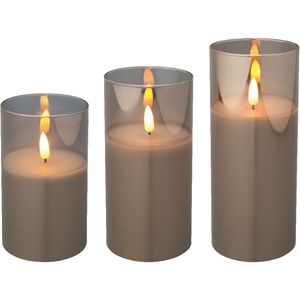 Lumineo luxe LED kaarsen - in glas - 3x stuks - grijs - stompkaarsen - timer