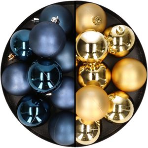 24x stuks kunststof kerstballen mix van donkerblauw en goud 6 cm