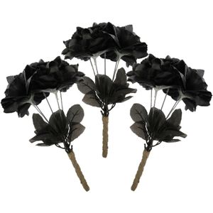 Halloween 3x rozenboeketjes met zwarte rozen 35 cm