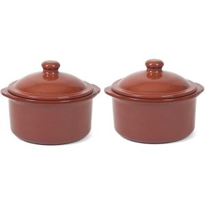 8x Stenen ovenschalen met deksel bruin/ terracotta 18 cm - Terracotta ovenschalen/stoofpotjes