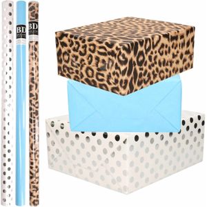 12x Rollen kraft inpakpapier/folie pakket - panterprint/blauw/wit met zilveren stippen 200 x 70 cm