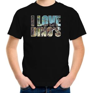 Tekst t-shirt I love dinosaurs met dieren foto van een dino zwart voor kinderen