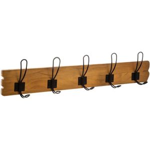 Kapstok rek wand/muur - lichtbruin - 5 grote ophanghaken/10 knoppen - hout/metaal - B64 x H14 cm