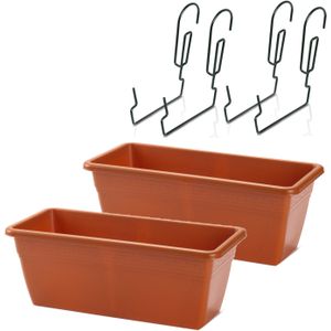 3x stuks reling Plantenbakken terracotta rechthoekig 40 x 18 x 15 cm met kunststof beugels