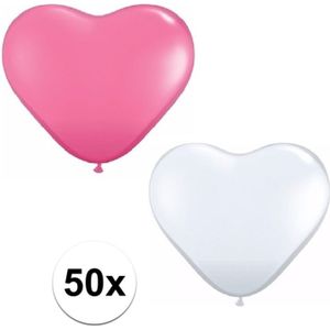 50x bruiloft ballonnen wit / roze hartjes versiering