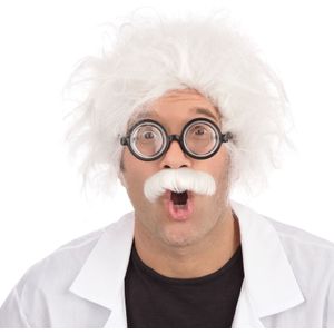 Witte Einstein pruik met snor - verkleedpruik heren