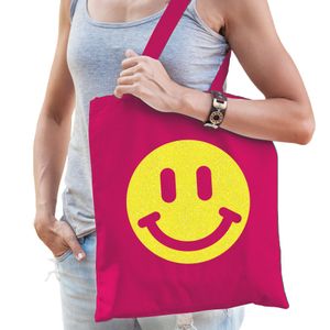 Cadeau tas voor dames - glitter smiley - fuchsia - katoen - 42 x 38 cm - Moederdag - verjaardag