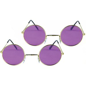 Paarse hippie flower power set van 2 zonnebrillen met ronde glazen
