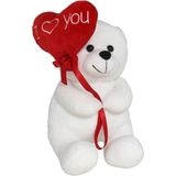 Pluche knuffelbeer met I Love hartje - wit/rood - 20 cm - incl. wenskaart