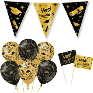 Geslaagd thema party versiering set You did it - Vlaggenlijn/vlag prikkers en 12x ballonnen