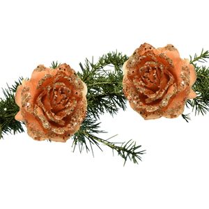 2x stuks kerstboom bloemen terra bruin glitter op clip 14 cm