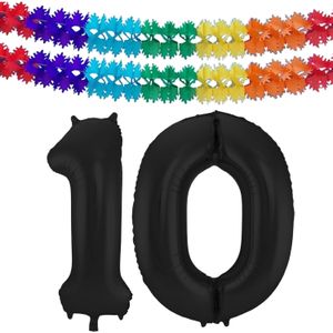 Grote folie ballonnen cijfer 10 in het zwart 86 cm en 2x feestslingers