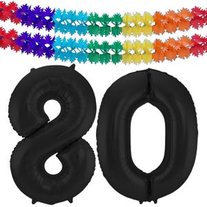 Grote folie ballonnen cijfer 80 in het zwart 86 cm en 2x feestslingers