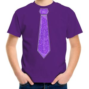 Verkleed t-shirt voor kinderen - glitter stropdas - paars - jongen - carnaval/themafeest kostuum