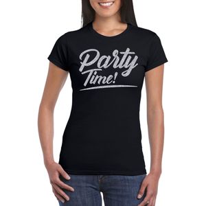 Verkleed T-shirt voor dames - party time - zwart - zilver glitter - carnaval/themafeest
