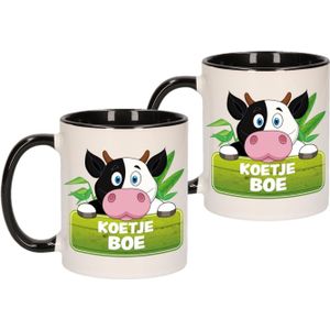 Set van 2x stuks koetje boe beker / mok - zwart met wit - 300 ml keramiek - koeien bekers