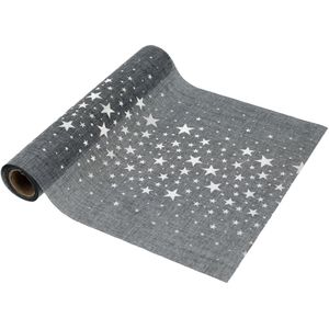 Decoratie stof/tafelloper grijs met sterren 28 x 200 cm