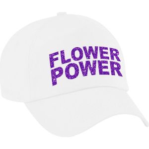 Paarse glitter letters flower power verkleed pet/cap wit volwassenen