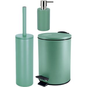 Badkamer accessoires set - WC-borstel/pedaalemmer/zeeppompje - metaal/keramiek - salie groen