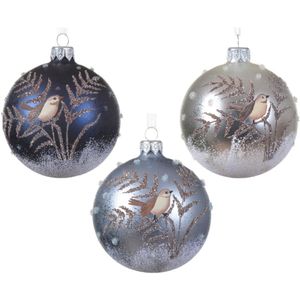 Luxe kerstballen - 6x st - vogel opdruk - donkerblauw, ijsblauw en zilver - glas - 8 cm
