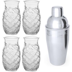 4x Cocktailglazen / Pina Colada glazen transparant 500 ml  Cocktailshaker semi-matte 550 ml RVS