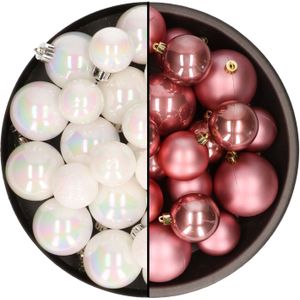 Kerstversiering kunststof kerstballen mix oud roze/parelmoer wit 4-6-8 cm pakket van 68x stuks