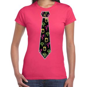 Tropical party T-shirt voor dames - stropdas - roze - neon - carnaval - tropisch themafeest