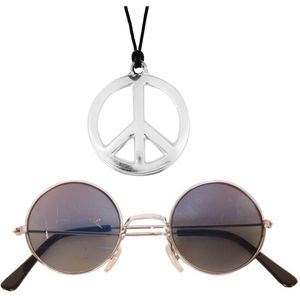 Hippie Flower Power sieraden set peace-sign ketting met groovy bril