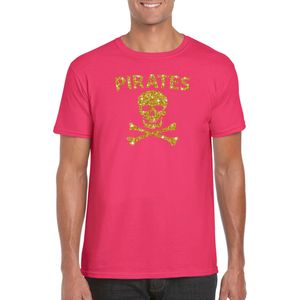 Piraten shirt / foute party verkleed kostuum / outfit goud glitter roze heren