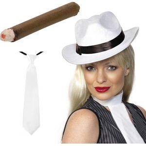 Smiffys - Gangster/maffia verkleed set hoed wit met stropdas en sigaar