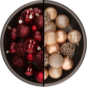 Kunststof kerstballen 74x stuks donkerrood en lichtbruin 6 cm