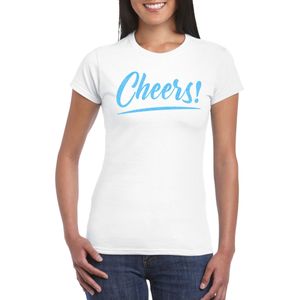 Verkleed T-shirt voor dames - cheers - wit - blauwe glitter - carnaval/themafeest