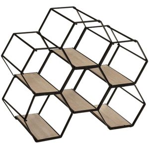 Metalen hexagon flessenrek/wijnrek voor 6 flessen 26 x 15 x 29,5 cm zwart - Wijnfles houder