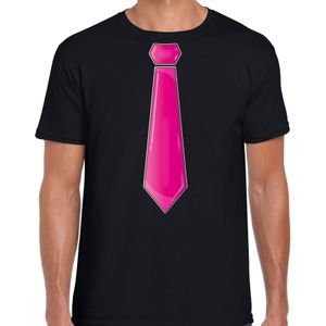 Verkleed t-shirt voor heren - stropdas roze - zwart - carnaval - foute party - verkleedshirt