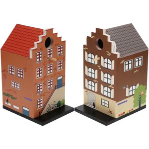 Vogelhuisjes - set 2x - grachtenpand design - hout - rood/bruin - 15 x 12 x 23 cm- nestkastje