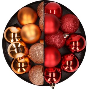 24x stuks kunststof kerstballen mix van koper en rood 6 cm