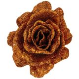 2x stuks kerstboom bloemen roos koper glitter op clip 10 cm