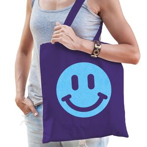 Cadeau tas voor dames - glitter smiley - paars - katoen - 42 x 38 cm - Moederdag - verjaardag
