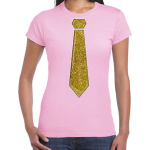 Verkleed t-shirt voor dames - stropdas glitter goud - licht roze - carnaval - foute party
