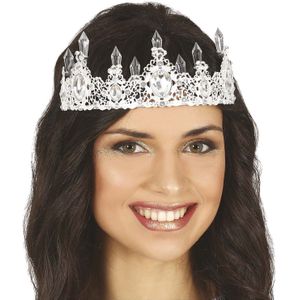 Verkleed diadeem/tiara kroon met edelstenen - zilver - metaal - voor volwassenen
