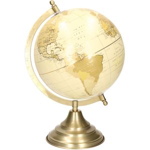 Decoratie wereldbol/globe goud/ecru op metalen voet 22 x 34 cm