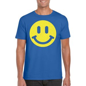 Verkleed T-shirt voor heren - smiley - blauw - carnaval/foute party - feestkleding