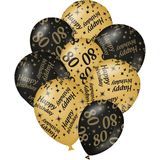 12x stuks leeftijd verjaardag ballonnen 80 jaar en happy birthday zwart/goud