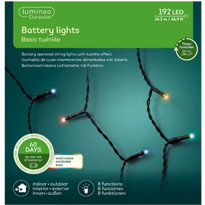 Kerstverlichting - twinkelend - op batterij - gekleurd - 192 led lampjes - 1430 cm