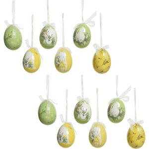 12x stuks decoratie paaseieren hangend - 6 cm - konijntjes - foam