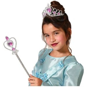 Carnaval verkleed Tiara/diadeem - Prinsessen kroontje met toverstokje - zilver/roze - meisjes