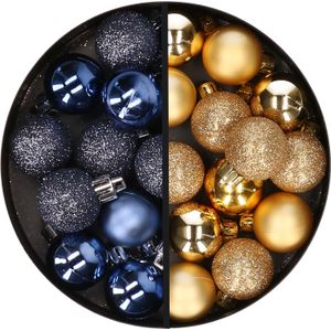 34x stuks kunststof kerstballen donkerblauw en goud 3 cm