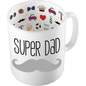 Cadeau koffie/thee mok voor papa - grijze snor - super papa - keramiek - 300 ml - Vaderdag