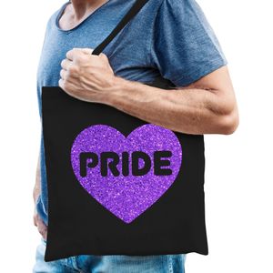 Gay Pride tas voor heren - zwart - katoen - 42 x 38 cm - paars glitter hart - LHBTI